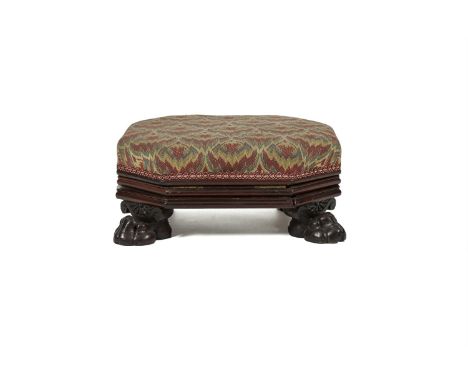 A 19TH CENTURY MAHOGANY FRAMED OCTAGONAL GOUT STOOL, the padded top with ratcheting tilt mechanism and raised on paw feet. 43