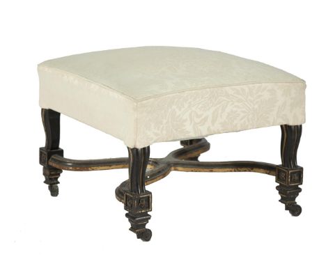 A VICTORIAN EBON FRAME SQUARE STOOL, with upholstered seat raised on scroll and block supports with X-frame stretcher  picked