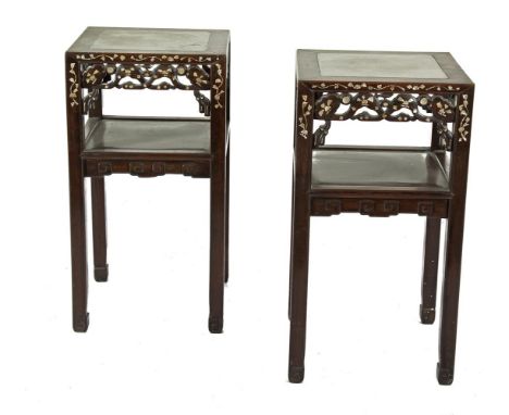 A PAIR OF CHINESE INLAID PADOUK SENARE OCCASIONAL TABLES, the tops inset with marble, the rims and pierced sides decorated wi