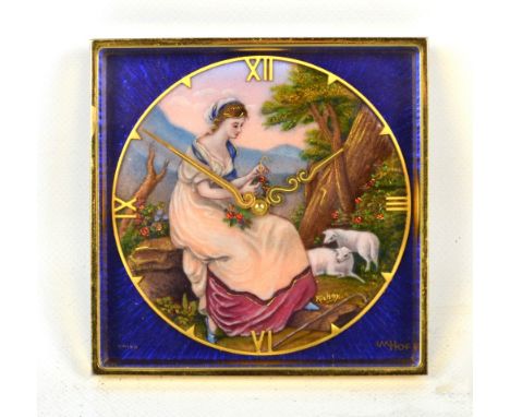 IMHOF; a Swiss brass fifteen jewelled travelling clock, the circular dial hand painted with pastoral scene, signed "Richay", 