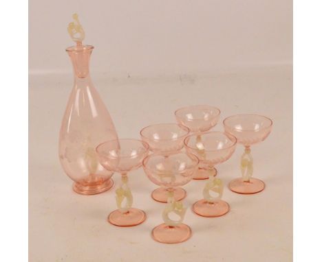 A c.1930s Austrian mermaid Bimini glass cocktail set, by Fritz Lampl Werkståtte, Vienna, the naked white opaque mermaids form