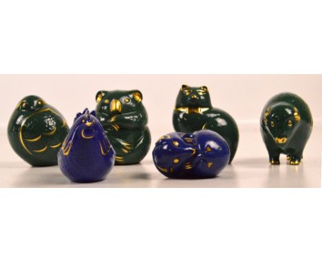 A set of six Minton/Royal Doulton ceramic figures of animals to include a koala bear, a buffalo and a cat in green and a hen 