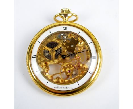 BOODLE & DUNTHORNE LTD; a gold plated open face crown wind skeleton pocket watch, the circular enamel chapter ring set with R