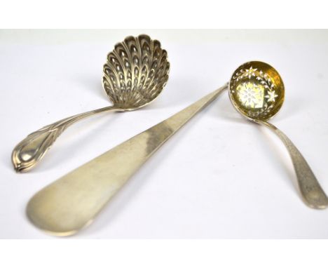 A Victorian hallmarked silver Old English patterned sifting spoon with bright cut decoration and pierced circular gilt washed