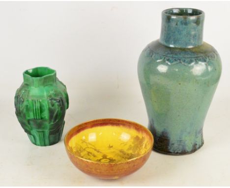 A large turquoise glazed baluster vase, height 43cm, a Carlton Ware bowl, diameter 25cm (badly af) and a malachite glass Art 