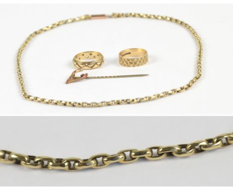 Two 9ct yellow gold wedding bands, with a 9ct yellow gold belcher chain, also a gold wishbone shaped tie pin (4). CONDITION R