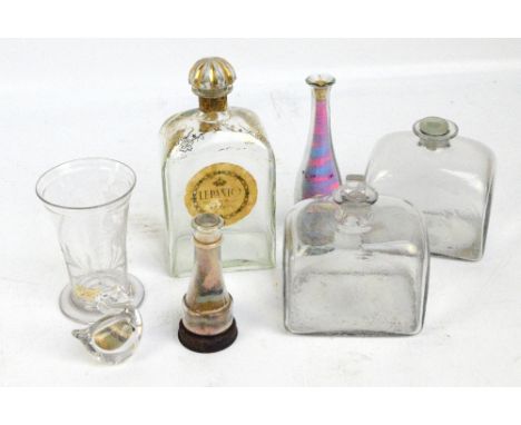 A small group of glass including a pair of rectangular decanters with associated stoppers, a further decanter with "Lepanto" 