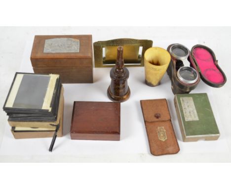 A quantity of collectors' items including topographical and other glass slides, a souvenir horn beaker, a quantity of boxed p