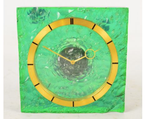 JAEGER LECOULTRE; an unusual green perspex cased square sectioned mantel clock with brass bezel set with Roman numerals, heig