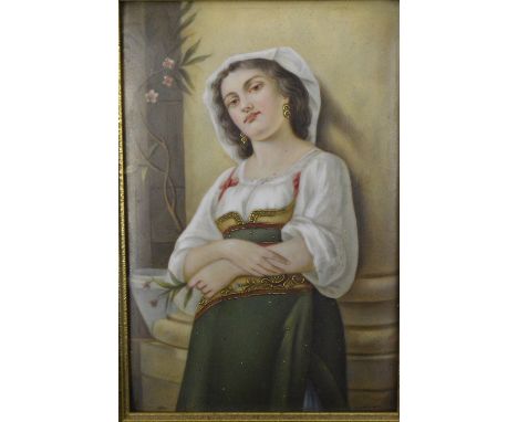 A late 19th century Continental porcelain rectangular plaque painted with a young woman leaning against a pillar, apparently 