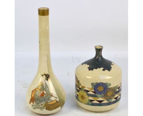 A Japanese Satsuma bottle vase with slender neck, decorated with a female figure playing a musical instrument, mark to base, 