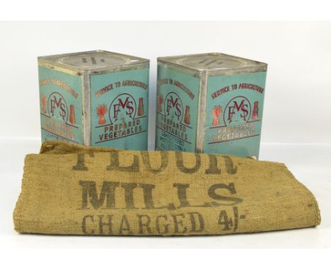 Two vintage FMS (Farm Products) Ltd tins of prepared vegetables, dated 1948 (WWII ration food), unopened, and a CWS potato sa