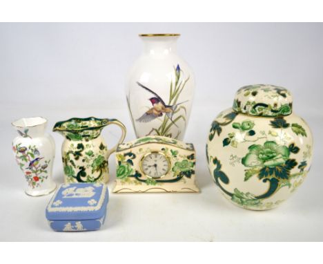 A Mason's Ironstone "Chartreuse" ginger jar, milk jug and mantel clock, also an Aynsley baluster vase, a further example and 