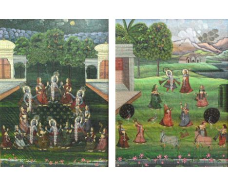 A pair of large Indian gouaches, both depicting figural festive scenes in architectural and mountainous landscapes, 86 x 60cm