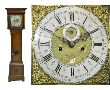 A late George III oak and mahogany crossbanded eight day longcase clock, the moulded hood above 12" brass dial set with silve