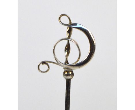 A Charles Horner  sterling silver hat pin in the form of a stylised dagger hilt, head height 1.75cm, ball mounted on a 15cm p