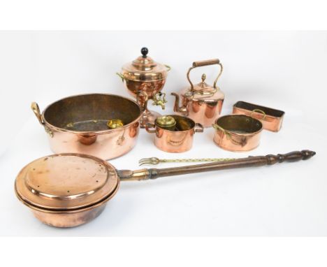 A quantity of copper including warming pan, urn, kettle, large shallow twin handled pan, two further pans and a planter, also