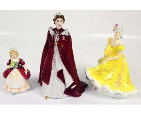 A Royal Doulton figure; HN2379 "Ninette", HN2107 "Valerie" and a Royal Worcester commemorative figure of Elizabeth II's 80th 
