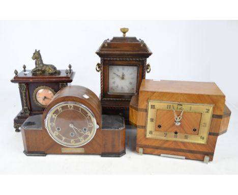 An Art Deco style walnut mantel clock and three other clocks (4).