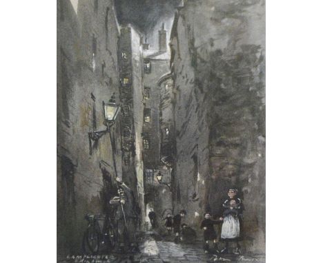 PETER KNOX; gouache, "Lamp Lighter, Edinburgh", signed to lower right, 19.5 x 13cm, framed and glazed. (D) CONDITION REPORT: 