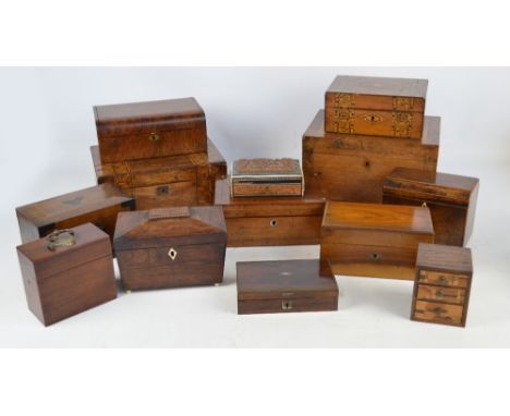 A group of 19th century work boxes and tea caddies, including a crossbanded examples, inlaid examples, rosewood tea caddy, et