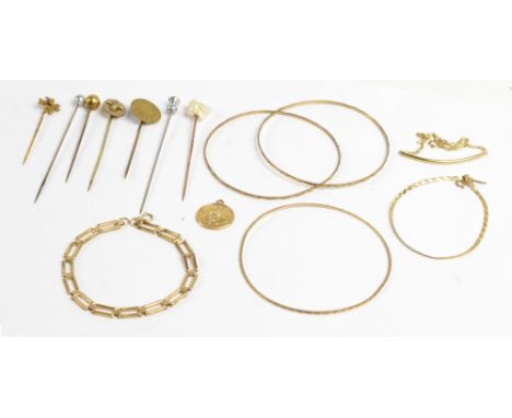 Four various 9ct gold bracelets, a St Christopher pendant and a cultured seed pearl set stick pin, a group of further base me