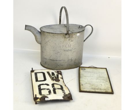 A vintage L.M.S. can of oval form, height 46cm including loop handle, also a railway "DW68" enamel sign, 35 x 21.5cm (af) and