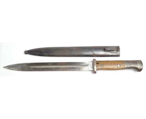 A German WWII Gebr. Hartkopf Solingen bayonet with wooden handle and metal scabbard, marked to blade, length 40.5cm.