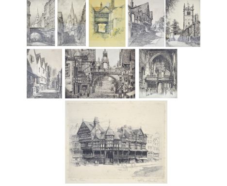 A group of black and white etchings to include a pair by Featherstone Robson (1880-1936), "St Mary's Church, Oxford" and "The