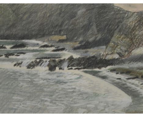 DEREK WILKINSON (1929-2001); pastel, "Breakers and Rocks (Pembrokeshire)", signed to lower right, bearing label with descript