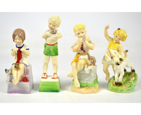 Four Royal Worcester porcelain figures; "April", "June", "Saturday's Child Works Hard for a Living" and "Friday's Child is Lo