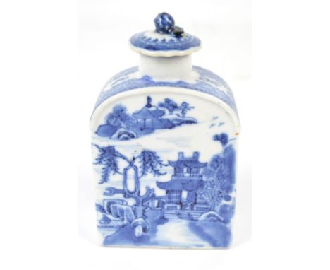 A 19th century Chinese porcelain tea caddy of rectangular form, painted in underglaze blue with continuous architectural land