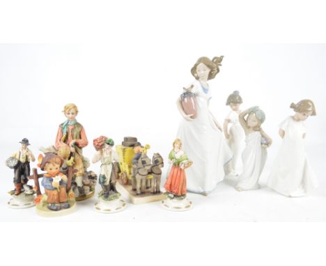 Three Nao figures of girls, a Lladro example, four Capodimonte figures and a Hummel figure of a seated boy (af) (10).