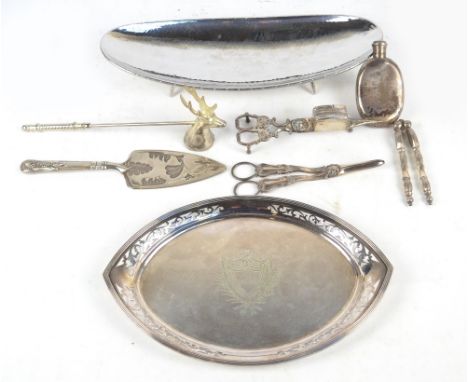 A hallmarked silver oval hip flask, marks rubbed and indistinct, a Keswick Firth Staybright, Keswick School of Industrial Art