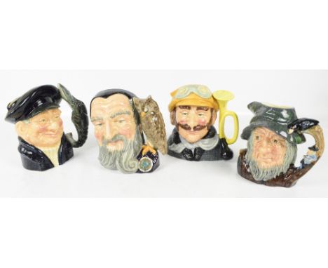 Four Royal Doulton character jugs; D6438 "Rip Van Winkle", D6529 "Merlin", D6617 "Lobster Man" and D6633 "Veteran Motorist" (