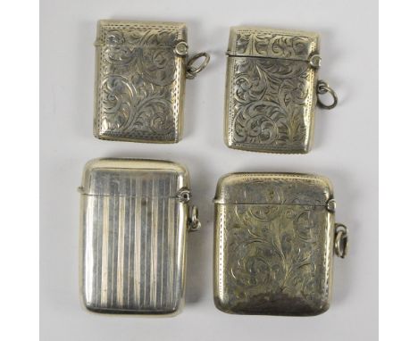Four variously hallmarked silver vesta cases; and engine turned decorated example centred with circular cartouche initialled 