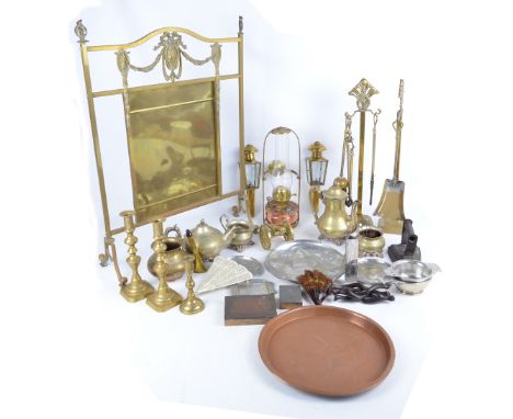 A quantity of metalware including a brass fireguard, a pair of stands for companion tools, reproduction Art Nouveau style dis