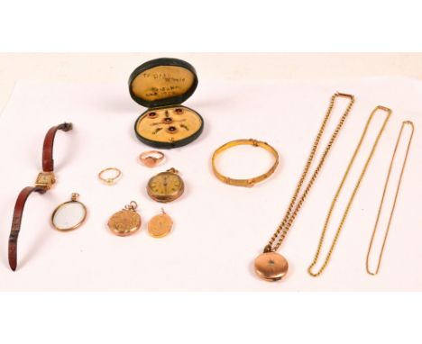 A group of various 9ct gold items to include a belt shaped bangle, two locket pendants, two chains, also a 9ct gold cased Rot