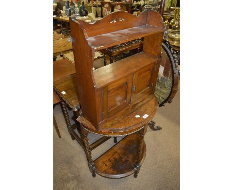 ***AMENDED DESCRIPTION. An oak demi-lune hall table raised on barleytwist supports, with undertier, and a small Edwardian wal