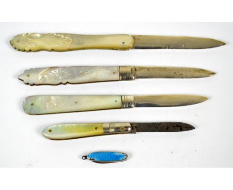 Three Victorian hallmarked silver bladed and mother of pearl handled penknives including George Unite, Sheffield 1873, also a