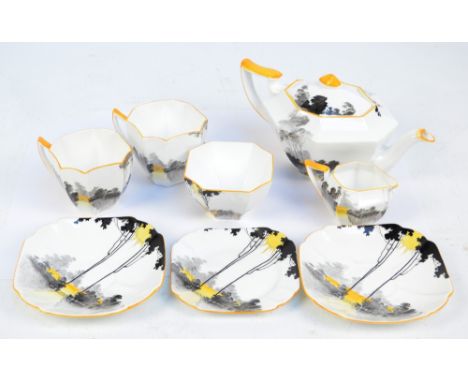 A Shelley porcelain Art Deco tea set transfer decorated and over painted with country landscape, pattern no.11678, comprising