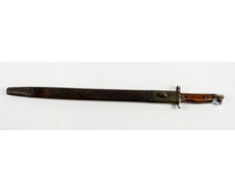 A Wilkinson bayonet with wooden handle and leather sheath scabbard, stamped to blade "1907, 8, 18, Wilkinson", length 57cm.