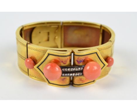 An Art Deco yellow metal coral cabochon and diamond set bracelet, comprising six main plaques, two with black enamelled bands