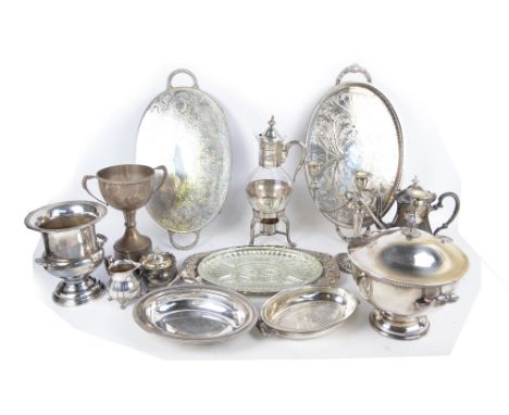 A quantity of silver plate including a tureen and cover, campana shaped wine cooler, three light candelabrum, twin handled tr