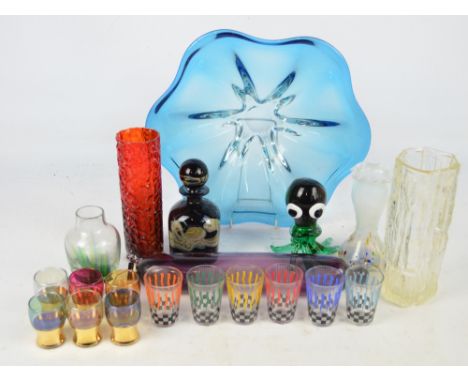 A small quantity of decorative glass including a large blue tinted glass shallow bowl, two cased sets of 1960s liqueur glasse