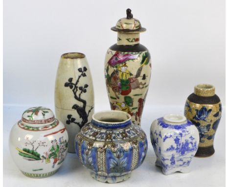 A Chinese Famille Verte ginger jar decorated with figures in a landscape, height 15cm, three Chinese crackle glazed vessels, 