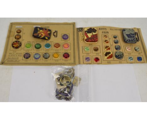 Two vintage sampler cardboard displays of belt fasteners and matching buttons and a group of loose variously decorated belt b