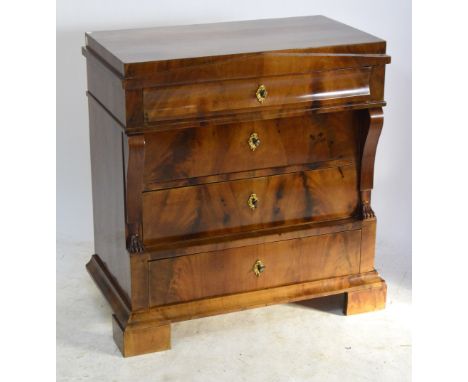 A 19th century Continental figured mahogany commode, the rectangular top with arched moulded frieze, four drawers to a moulde