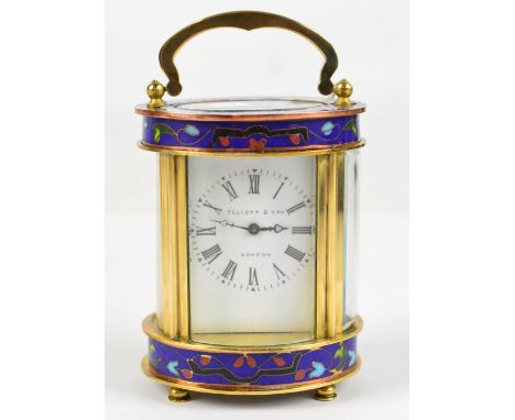 A small oval brass and cloisonné enamel decorated carriage clock, with dial inscribed "Elliott & Sons, London, height 9.5cm.