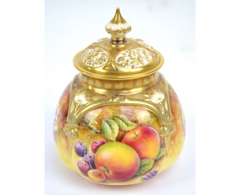 A Royal Worcester porcelain quatrilobed pot pourri with gilt heightened cover with finial, hand painted with various fruit by